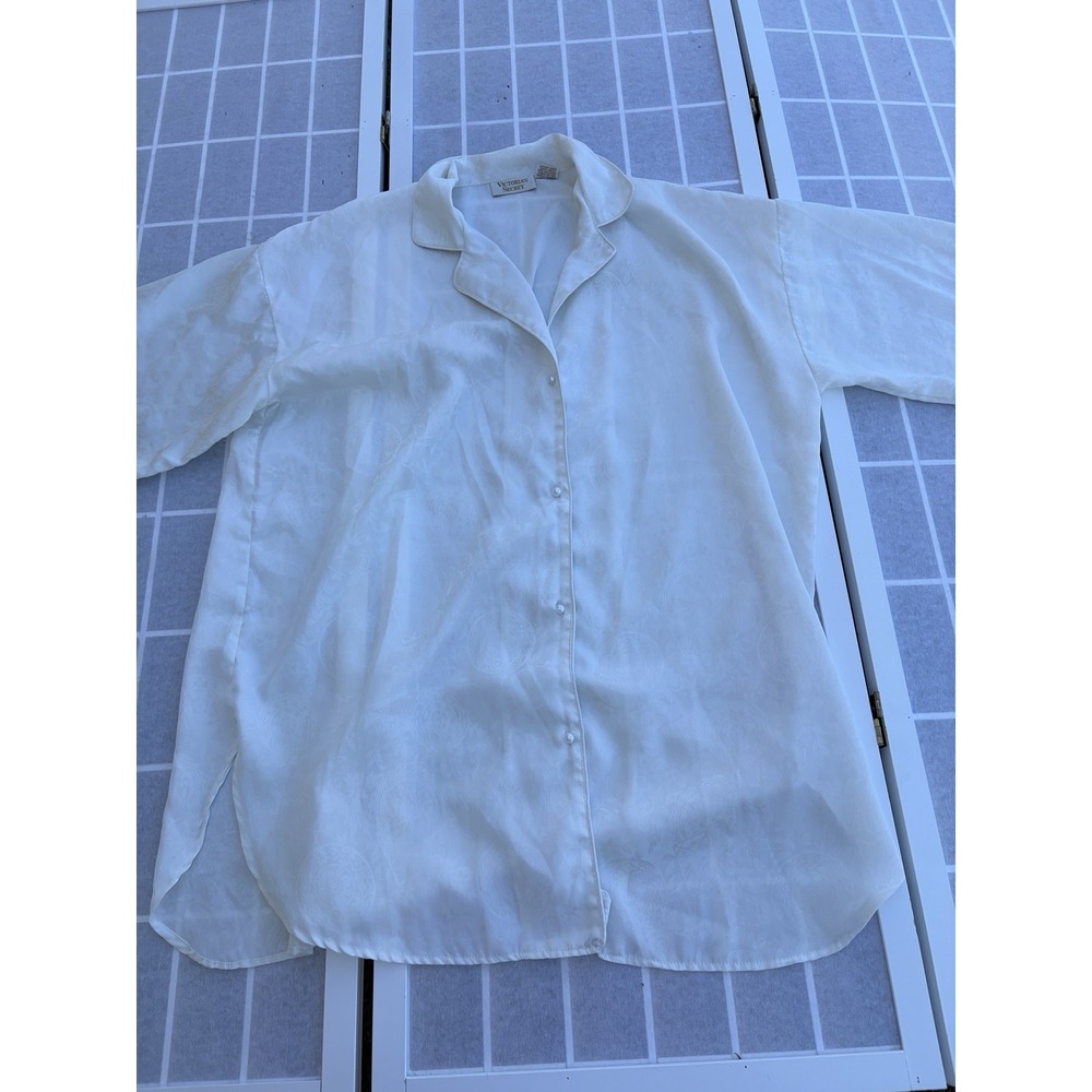 Vtg Victorias Secret Sleep Shirt Gown Sz M/L White Floral Shiny Satin Gold Label